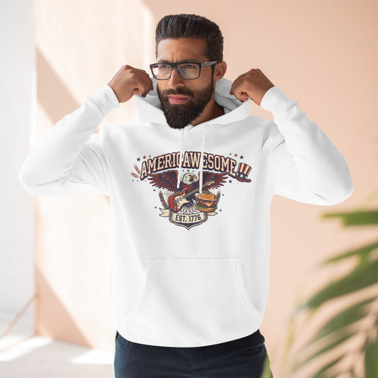 The Flagship Premium Hoodie featuring a bald eagle, guitar, and burger graphic.