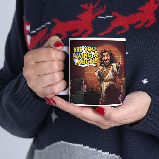 Are You Having a Laugh? Standup Jesus mug featuring Jesus on stage.