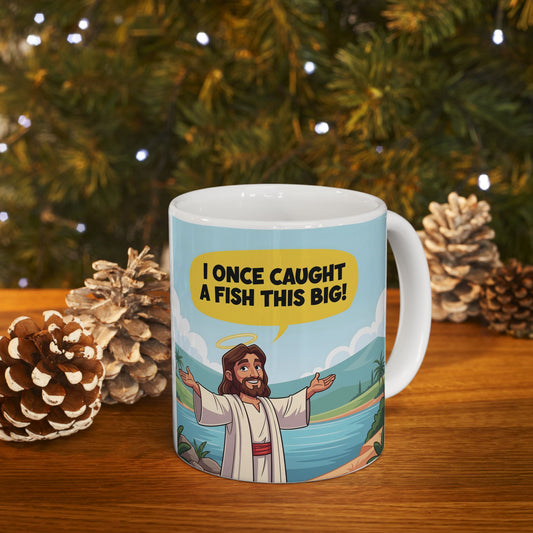 I Once Caught a Fish This Big! mug featuring Jesus with an oversized fish.