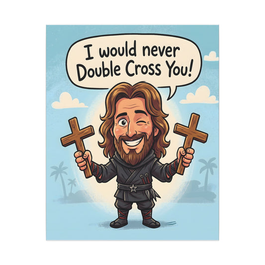 I Would Never Double Cross You! canvas featuring Ninja Jesus with two crosses.