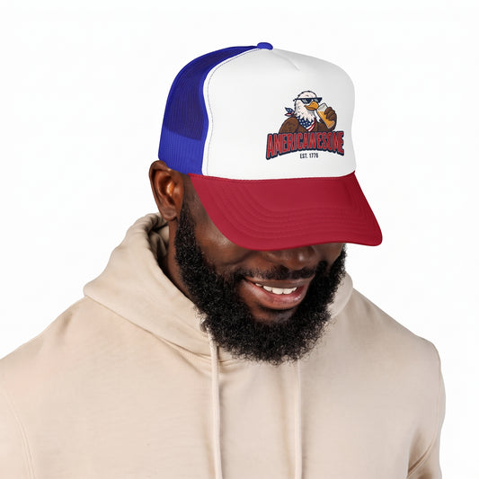 The Freedom Fuel Trucker Hat featuring the AmericAwesome Eagle graphic.
