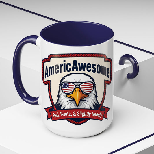 AmericAwesome Eagle Mug featuring a flag-shaded bald eagle graphic.